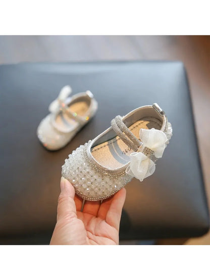 Girls Walking Shoes Lace Mesh Bows Kids Princess Shoes Non-slip Shiny Sequins 2025 New Children Flat Shoes Soft Sole Non-slip