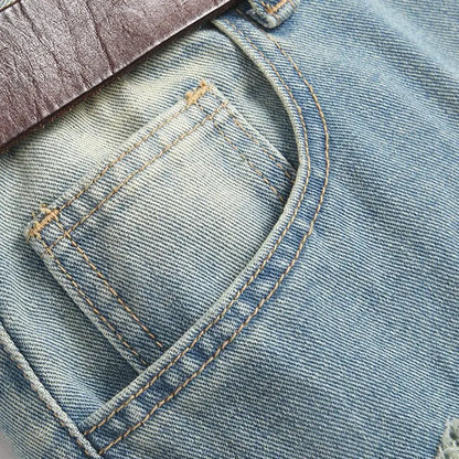 Autumn Men's New Light Blue Slim Fit Jeans Men's Ripped Loose Jeans Elastic Hole Versatile High Street Denim Pants Retro Washed