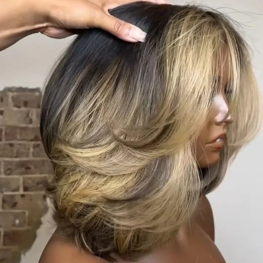 Highlight Layered Cut Bob 5X5 Lace Closure Wig Short Bob Wig Human Hair Colored Highlight Ombre Straight For Black Women