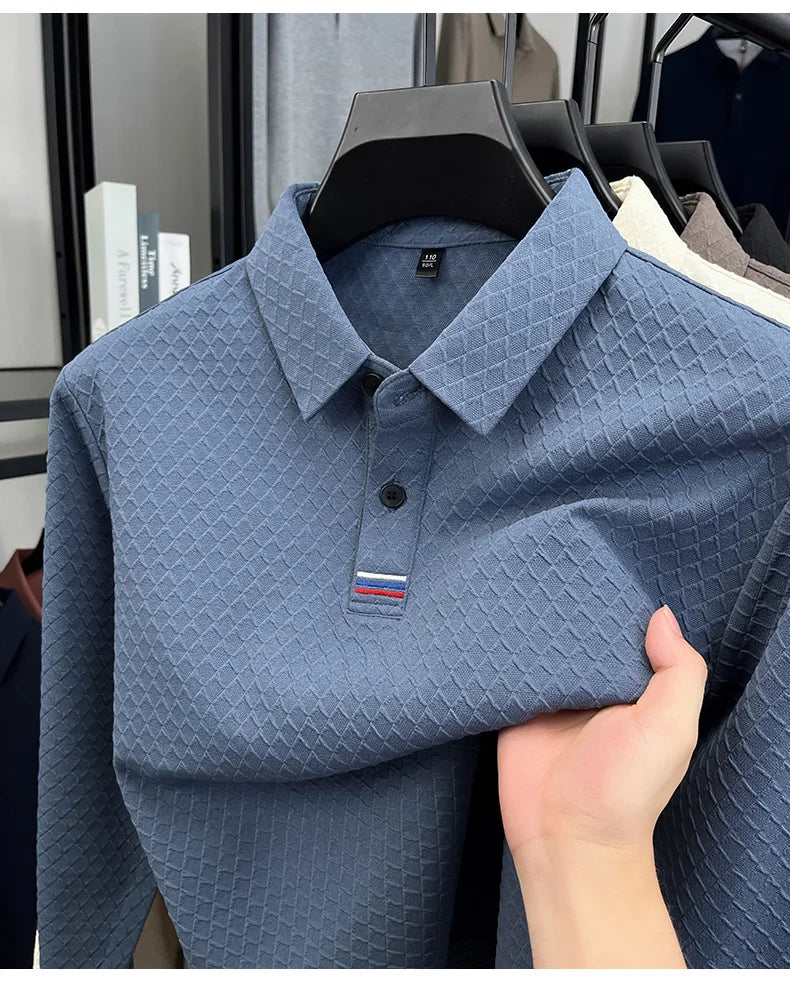 High quality fashion long sleeve polo shirt men's autumn new brand striped jacquard design Korean casual luxury lapel T-shirt