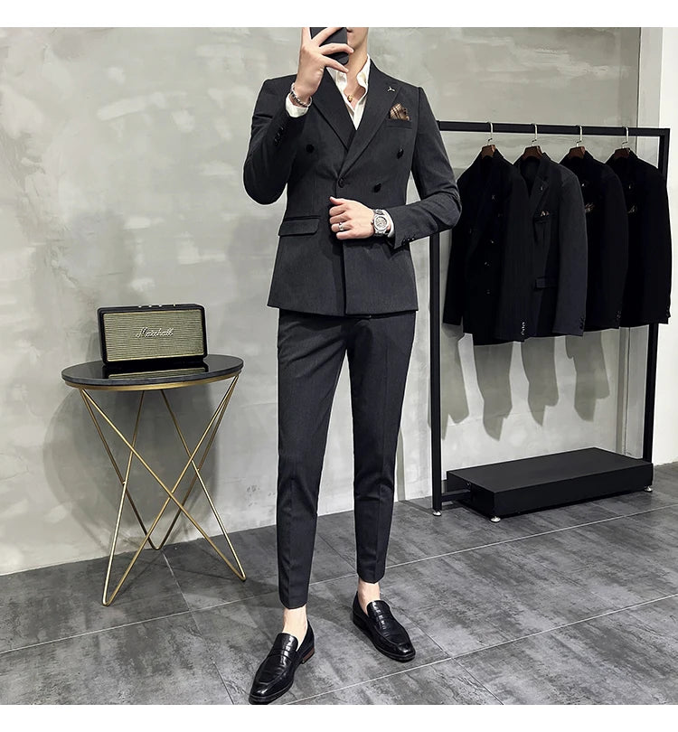 ( Blazers + Pants ) Boutique Fashion Solid Color Double-breasted Men's Casual Business Slim Suit 2-piece Set Groom Wedding Dress