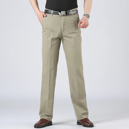 Cotton Pants Men's Straight Leisure Business Trousers Solid Autumn Winter Chinos Belted Pants Dad Elderly Formal Trousers