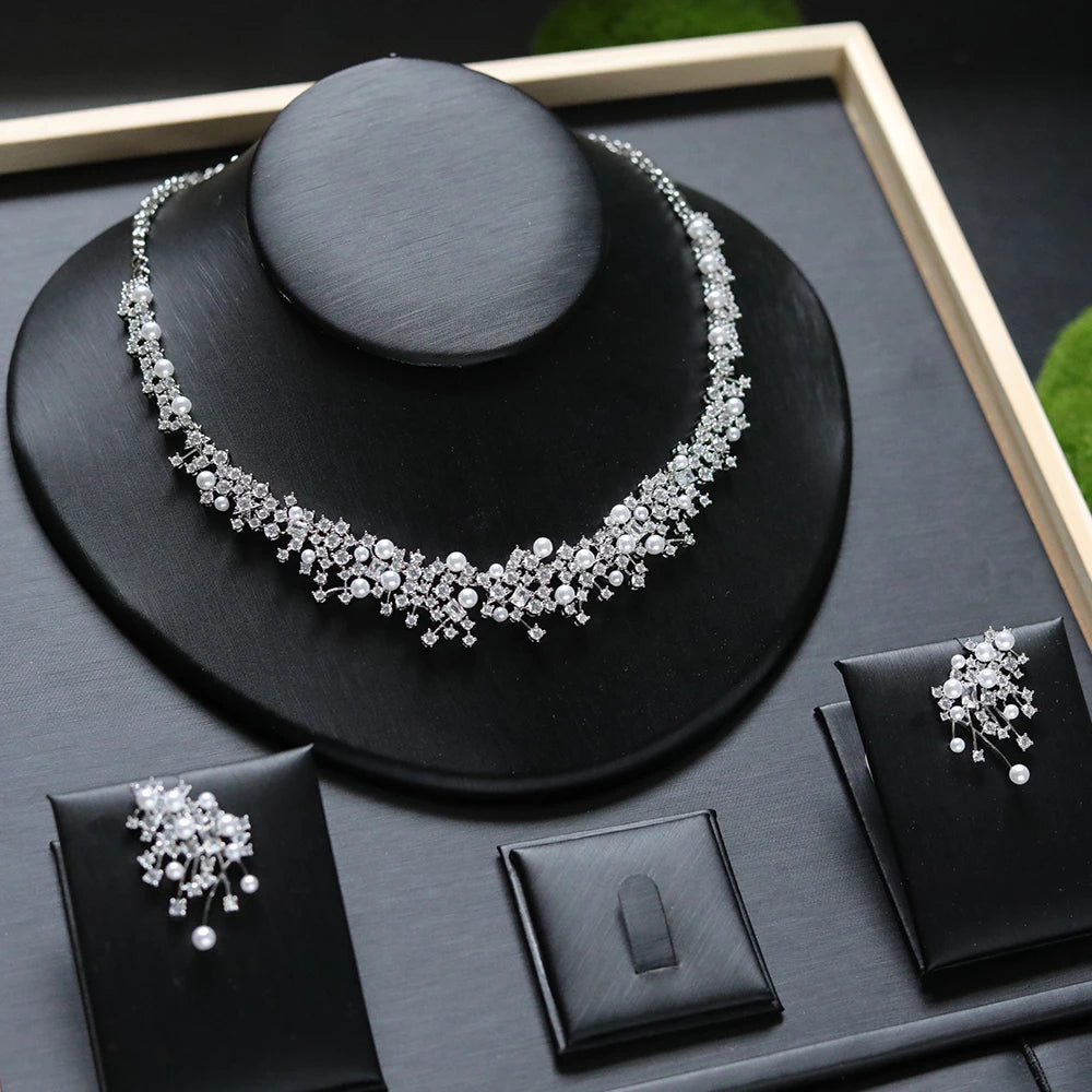 Fashion Pearl Necklace Sets High Quality 3A Cubic Zirconia Jewelry Set Dubai Dinner Party Accessories Engagement Gift