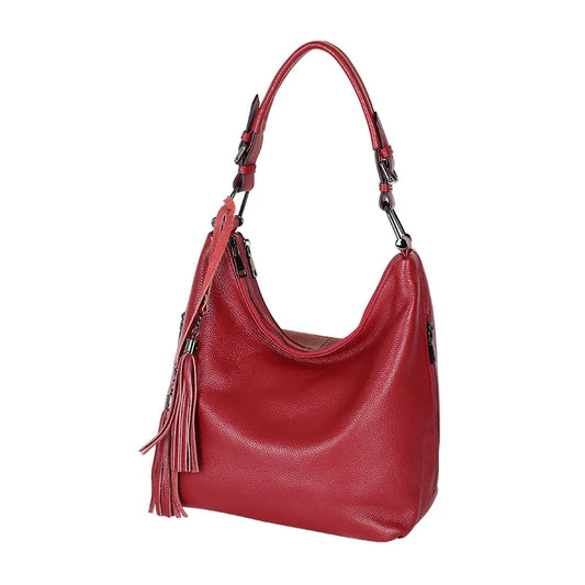 Fashion Tassel Women Shoulder Bag 100% Genuine Leather Daily Shopping Hobos Classic Large Red Tote Handbag Crossbody Bag