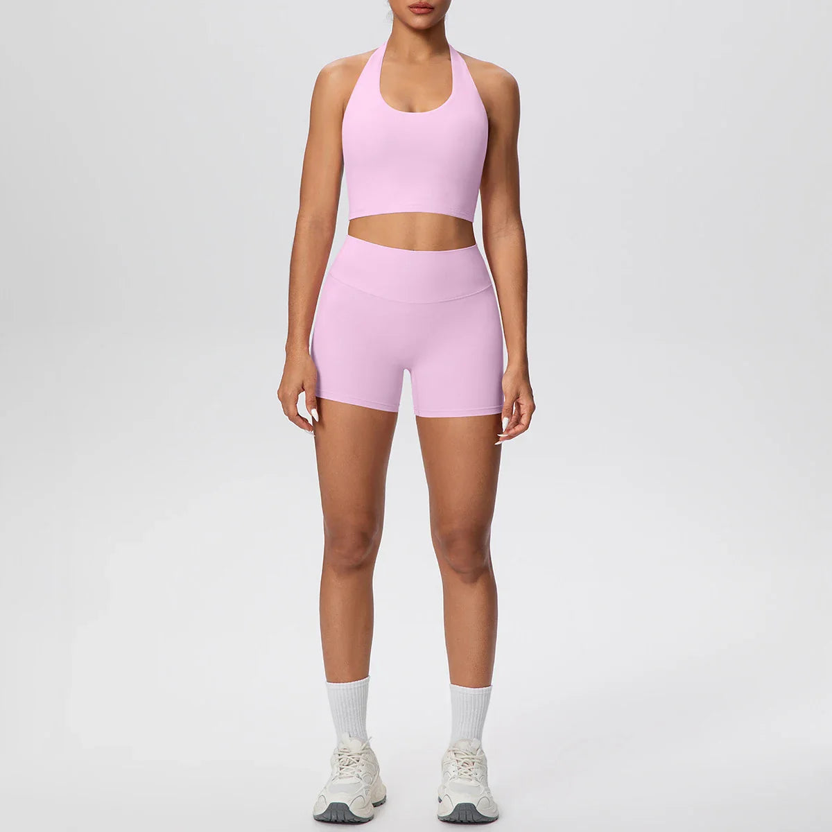 2picese Women Yoga Suit Solid Color High Waist Hip Push Up Fitness Shorts Sexy Pilates Backless Gym Hanging Neck Bra Yoga Set