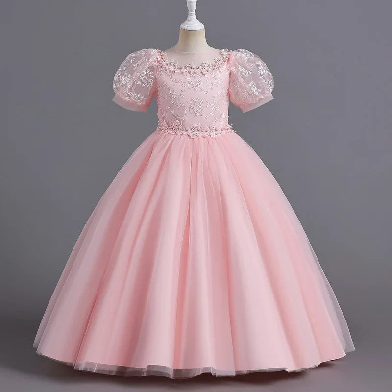 8901 Vestido Infantil para Meninas de 4 a 12 anos Princesa Lantejoulas Manga Bufante Longo Tule Florista Casamento Verão Pequeno