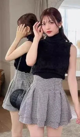Japanese Lolita Skirts Ruffled Pleated Plaid Skirt Women 2026 Spring New Elastic High Waist Slimming Gentle Mini Skirt Culottes