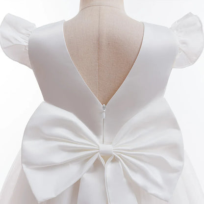 Girls White Wedding Pearls Elegant Pageant Princess Dress For Girls Backless Big Bow Wedding Bridesmaid Birthday Party Ball Gown