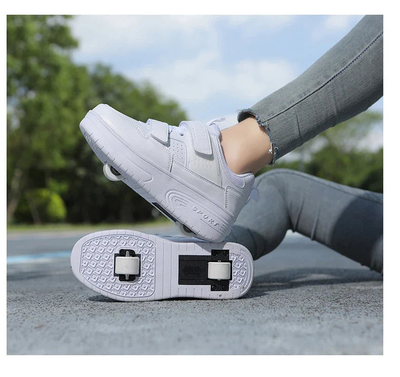 Autumn 2025 Kids Walking Shoes Detachable Double Wheel Roller Skates Boy Leather Student Shoe Four Wheeled Children Shoes Girl