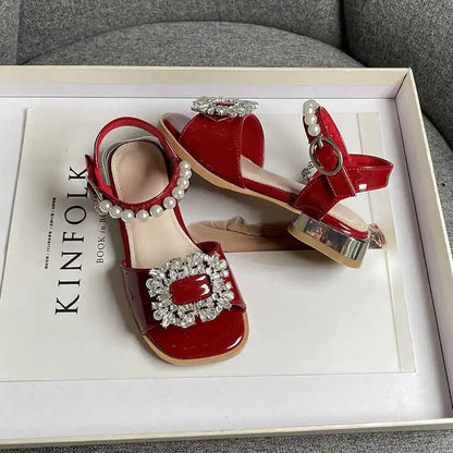 Girl's Sandals Crystal Beading Elegant Patent Leather Children Sliders Open Toe Low Heel Solid Color 26-36 Kids Summer Shoes