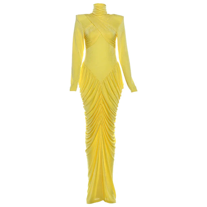 Autumn New Style Maxi Dress Women Turtleneck Full Sleeve Backless Skinny Stretch  Prom Party Ruched Elegant Vestidos