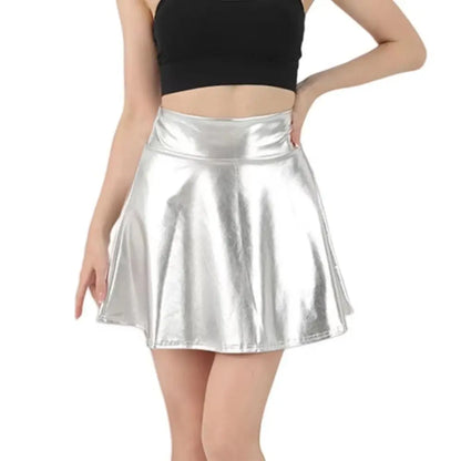 Elegant Metallic Pleated Skirt Gold Silver Flared Design A-line Short Skirt Retro Solid Color Girls Short Mini Skirt Clubwear