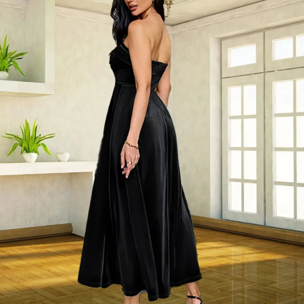 Women's Elegant Party Dresses Strapless Backless Velvet Long Dress Fashion Retro Dress Female Evening Dresses Vestidos Largos