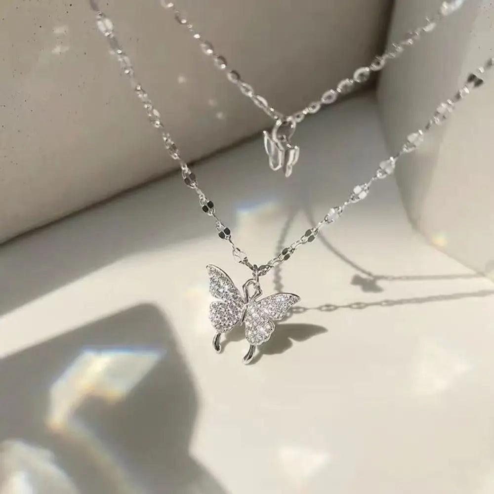 Korean Trend Love Butterfly Clavicle Chain For Women Shiny Multilayered Heart Necklace Collarbone Chain Valentine's Day Gifts