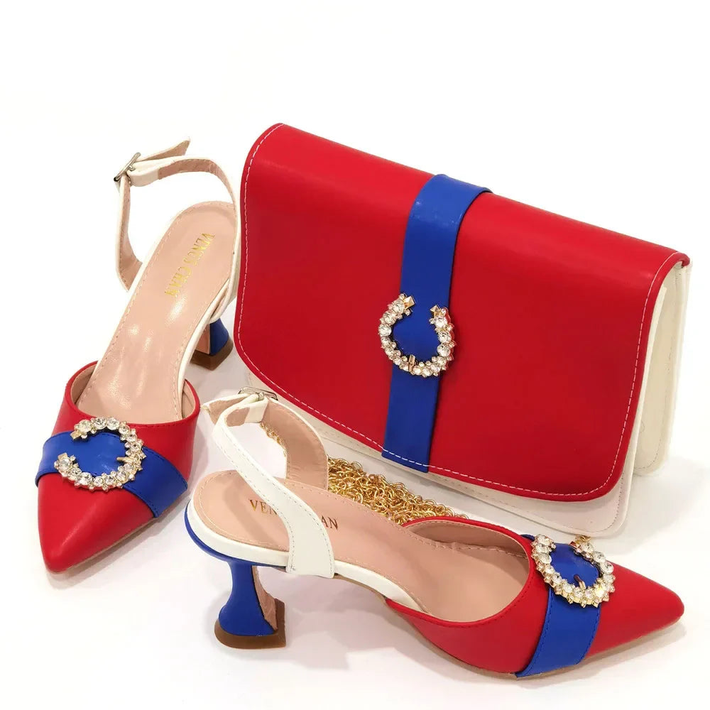 Italian Design Leather Colorblock Pointed Toe High Heel Women's Sandals Fashion Everyday Matching Shoes and Bag Sets