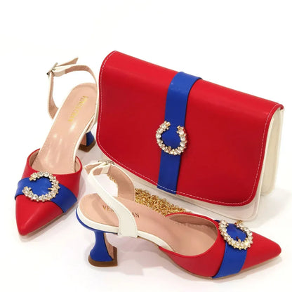 Italian Design Leather Colorblock Pointed Toe High Heel Women's Sandals Fashion Everyday Matching Shoes and Bag Sets
