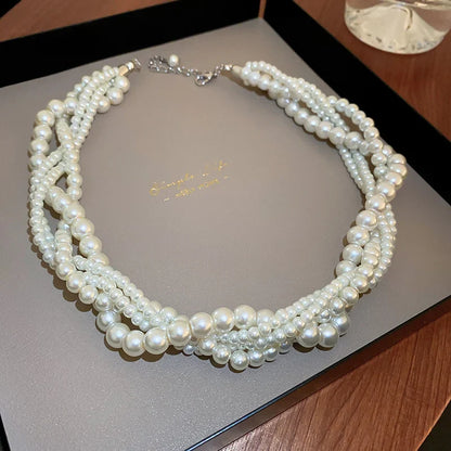 Korean Style Twining Pearl Choker Necklaces for Women Geometric Necklaces Weddings Bride Jewelry Accessories