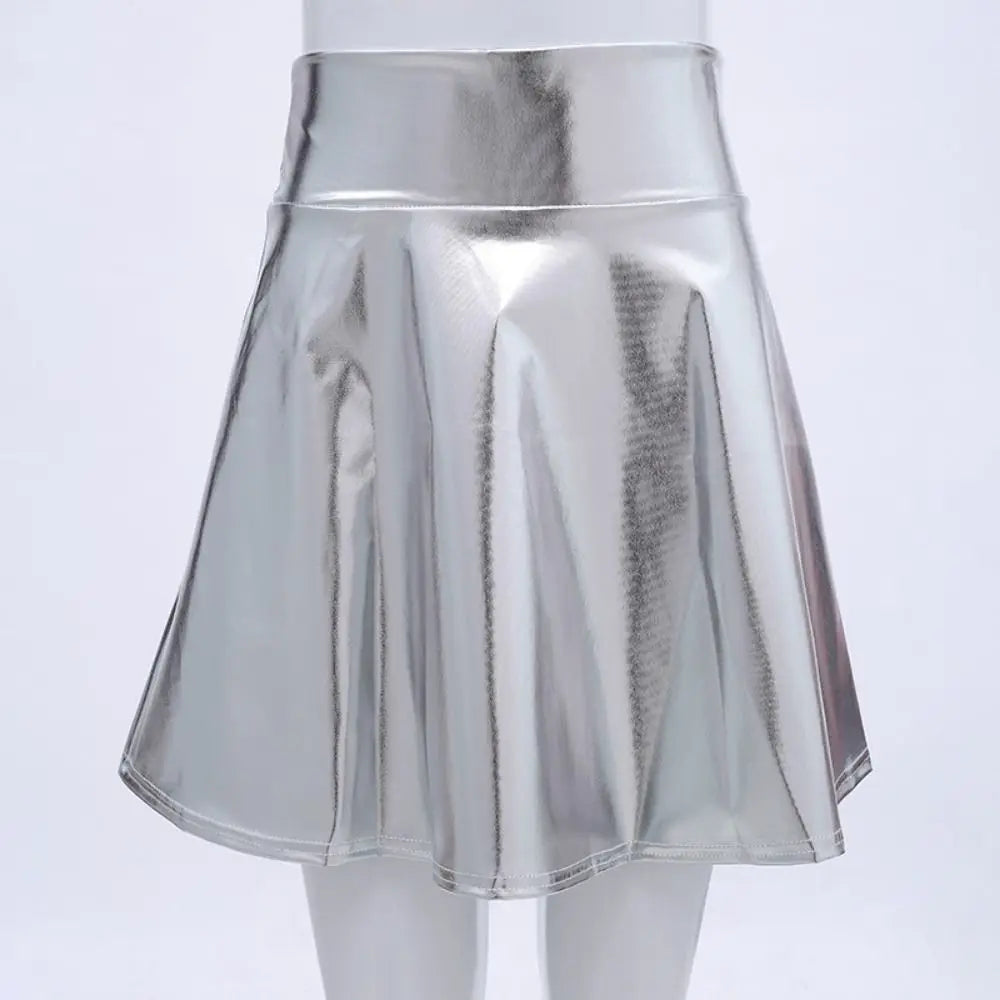 Elegant Metallic Pleated Skirt Gold Silver Flared Design A-line Short Skirt Retro Solid Color Girls Short Mini Skirt Clubwear