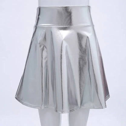 Elegant Metallic Pleated Skirt Gold Silver Flared Design A-line Short Skirt Retro Solid Color Girls Short Mini Skirt Clubwear