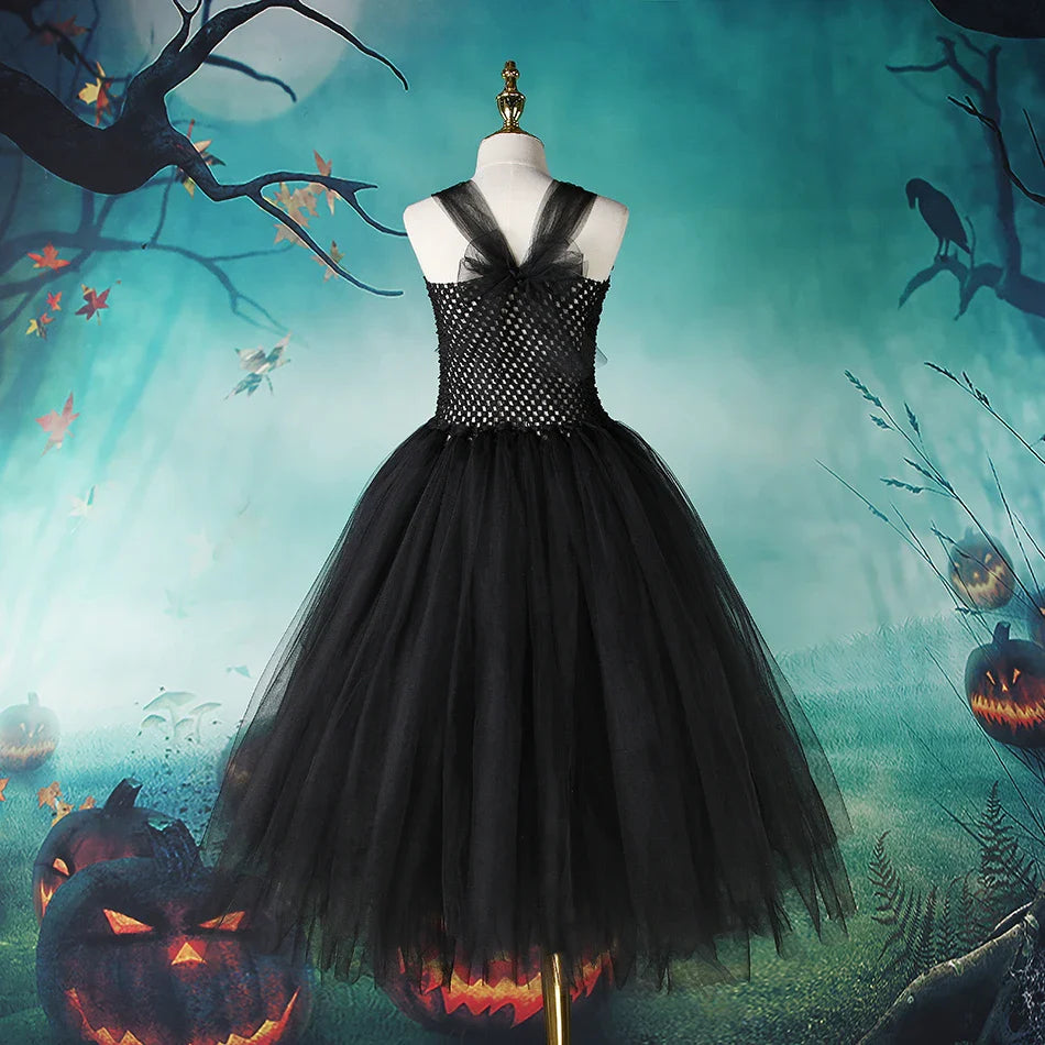 Halloween Maleficent Costume for Girls Evil Queen Dress Up Costumes Witch Devil Black Mesh Princess Dress Cosplay