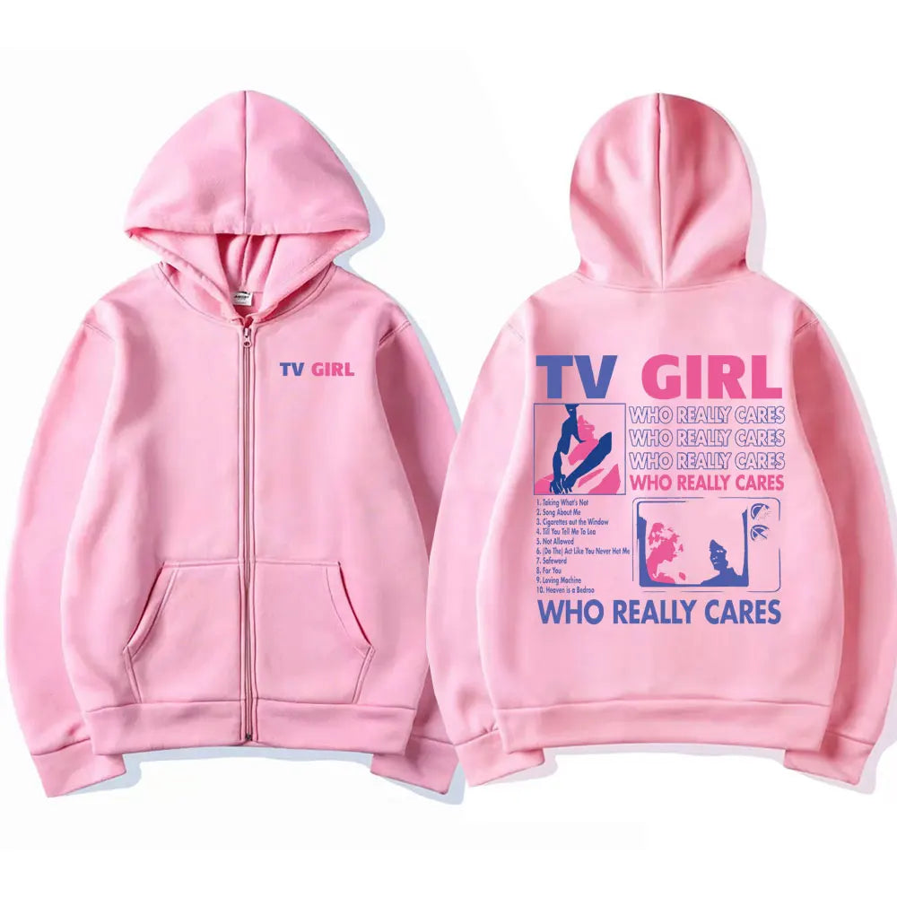TV Girl Who Really Cares Graphic Print Zipper Hoodie Men Women Fashion Casual Oversized Zip Up Jacket Male Fleece Sweatshirts