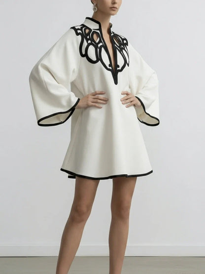 Hollowed V-neck Mini Dress for Women Flared Sleeves A-line Pleated Dress 2025 Stylish Contrast Trims Elegant Party Dress