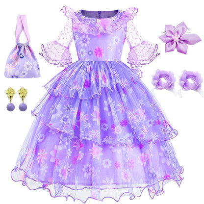 Encanto Isabela Costume Dress For Kids Girl Flare Sleeve Princess Dress Fiower Gown Halloween Christmas Birthday Party Outfits