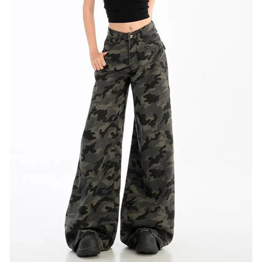 Girls High Waist Vintage Camouflage Jeans Pants