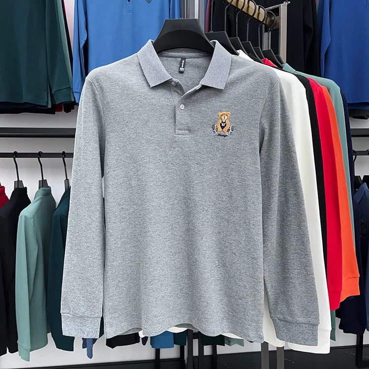 100% Cotton Luxury Quality Men's Polo Shirt Autumn Bear Exquisite Embroidery Long Sleeve T-shirt Trend Fashion Golf Menswear Top