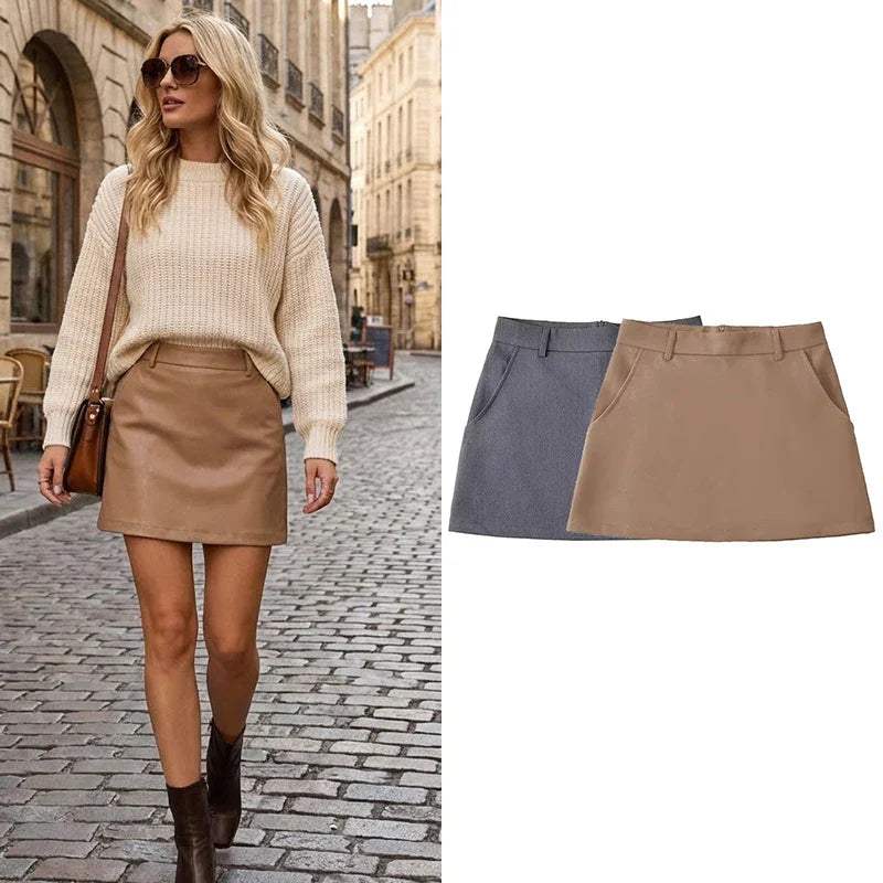 Women Fashion Solid Back Zipper A-Line Mini Skirt Vintage High Waist Female Chic Lady Skirts