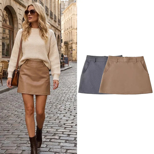 Women Fashion Solid Back Zipper A-Line Mini Skirt Vintage High Waist Female Chic Lady Skirts