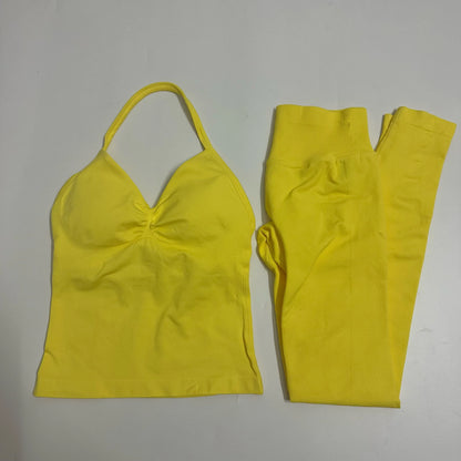 Set of 2 pieces of women's yoga mesh, sleeveless tops with open back, high-waisted gym suit, fitness clothing, yoga set