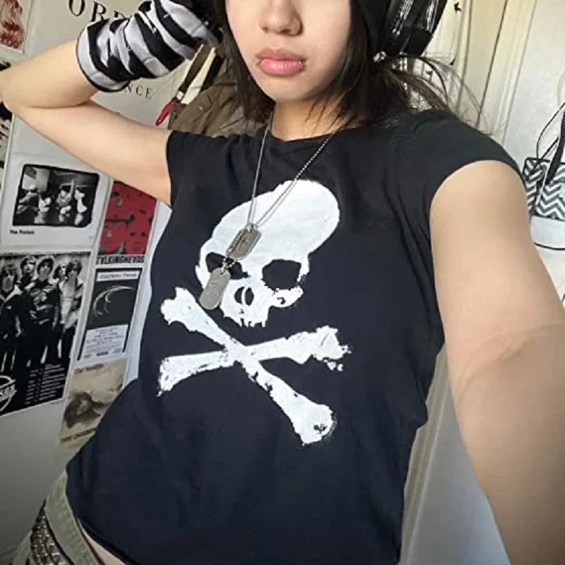 Vintage Grunge Graphic Print Short Sleeve T-Shirt Y2k Slim Crop Top Gothic Skull Punk Streetwear Women's Tee Summer Casual 90s