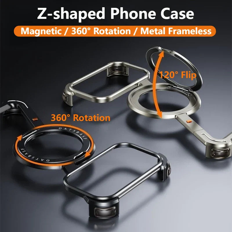 Metal Magnetic Phone Case for iPhone 17 Pro Max/17 Pro/17 Air Magsafe 360°Rotate Stand Frameless Shockproof Protector Cover