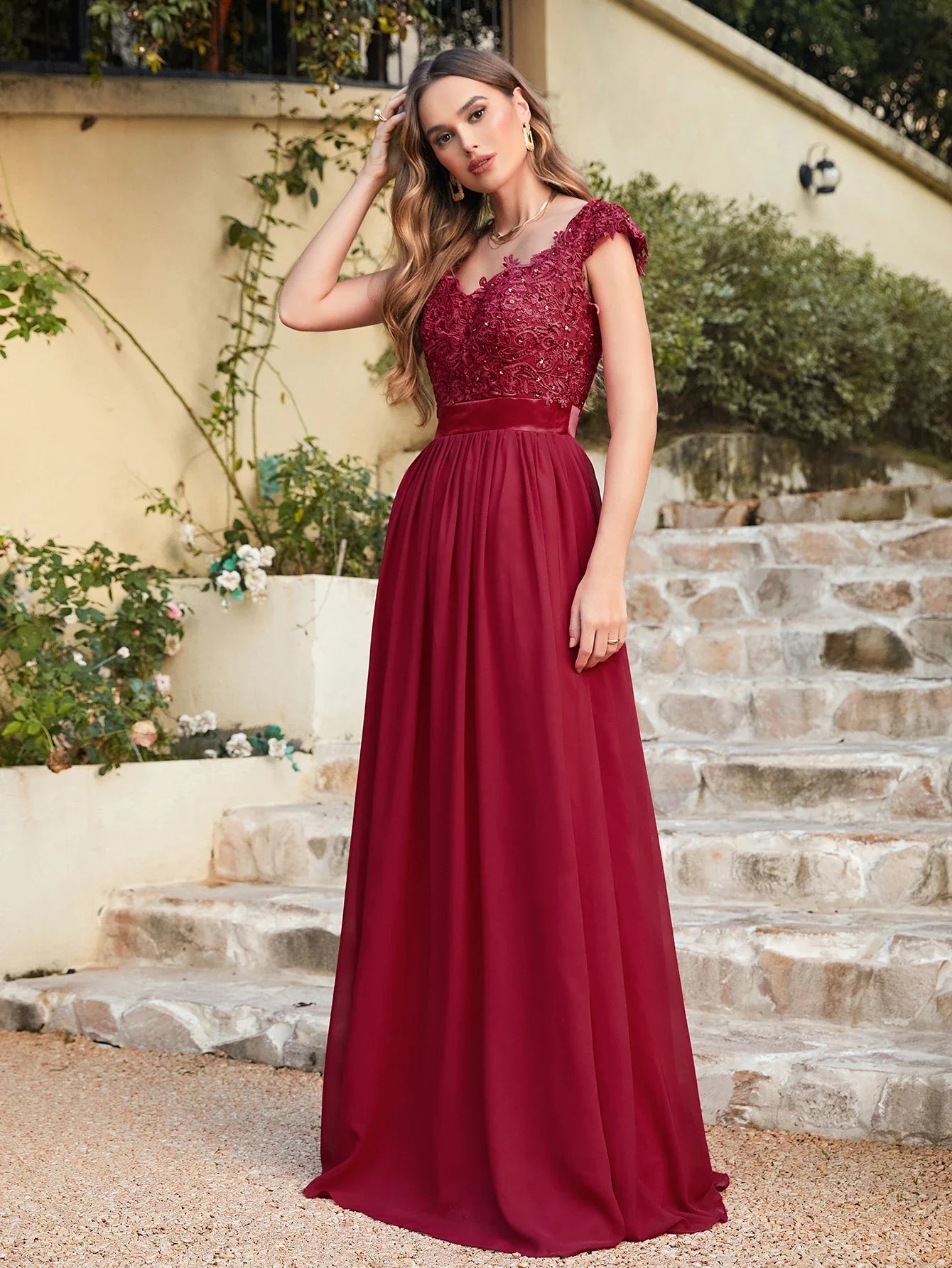 A-line V Neck Sleeveless Floral Lace Chiffon Back Hollow Long Paty Bridesmaid Dress Women 2024 For Wedding Sexy Evening Dress