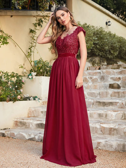 A-line V Neck Sleeveless Floral Lace Chiffon Back Hollow Long Paty Bridesmaid Dress Women 2024 For Wedding Sexy Evening Dress