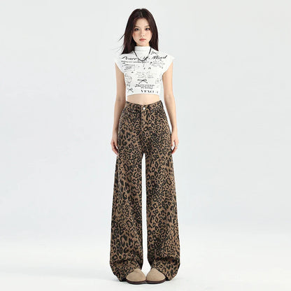 High Waist Retro Leopard Print Jeans for Women