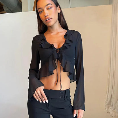 2025 Women Fungus Lace Solid See Through Silk Flare Sleeve V Neck Crop Tank Fashion Casual Sweet Girl Top