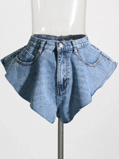 Patchwork Pockets Solid Casual Denim Shorts For Women