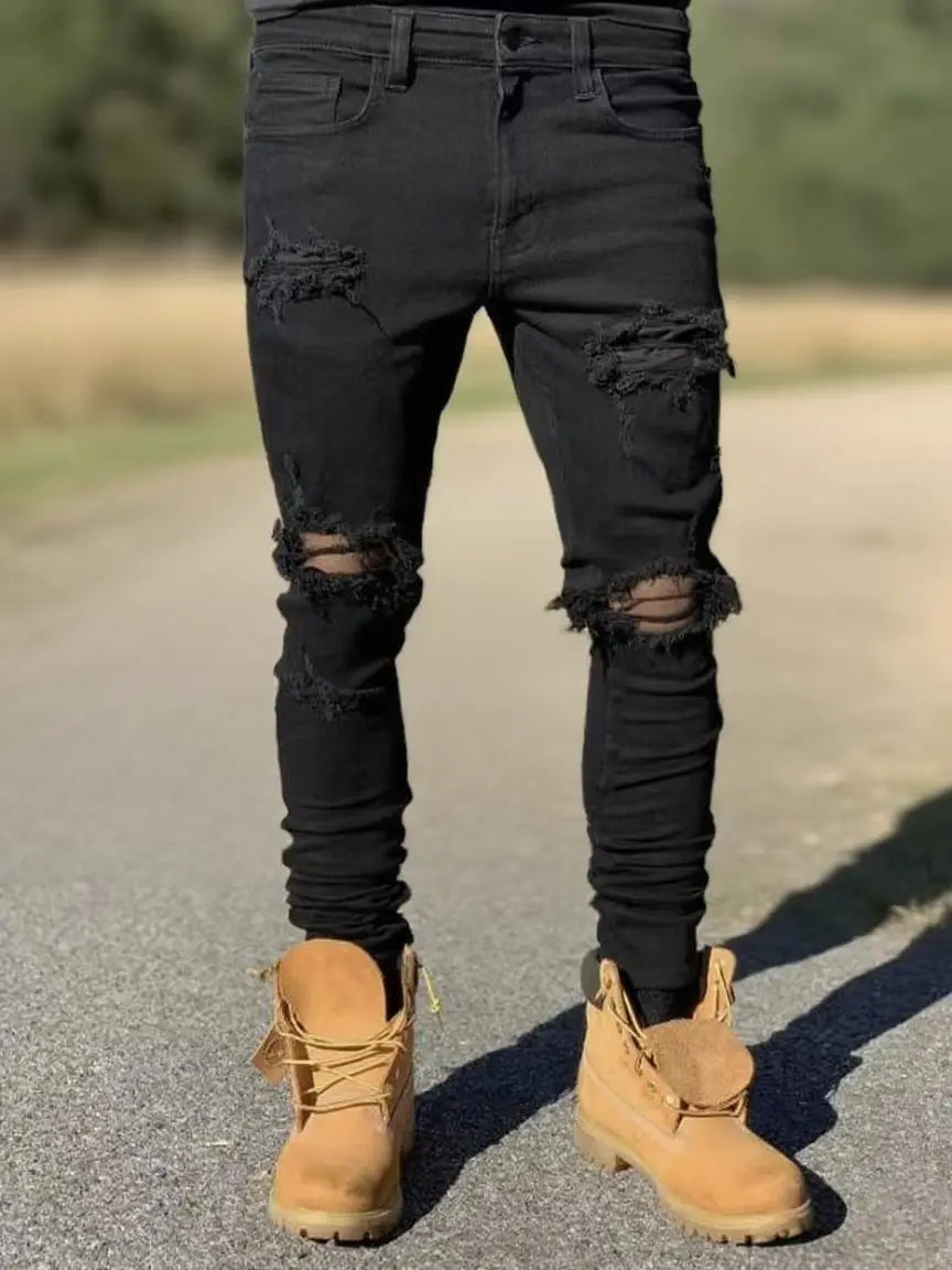 Men's Black Ripped Skinny Jeans - Distressed Hip-Hop Street Style, Lightweight Slim-Fit Denim Pants