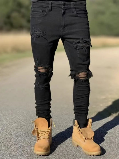 Men's Black Ripped Skinny Jeans - Distressed Hip-Hop Street Style, Lightweight Slim-Fit Denim Pants