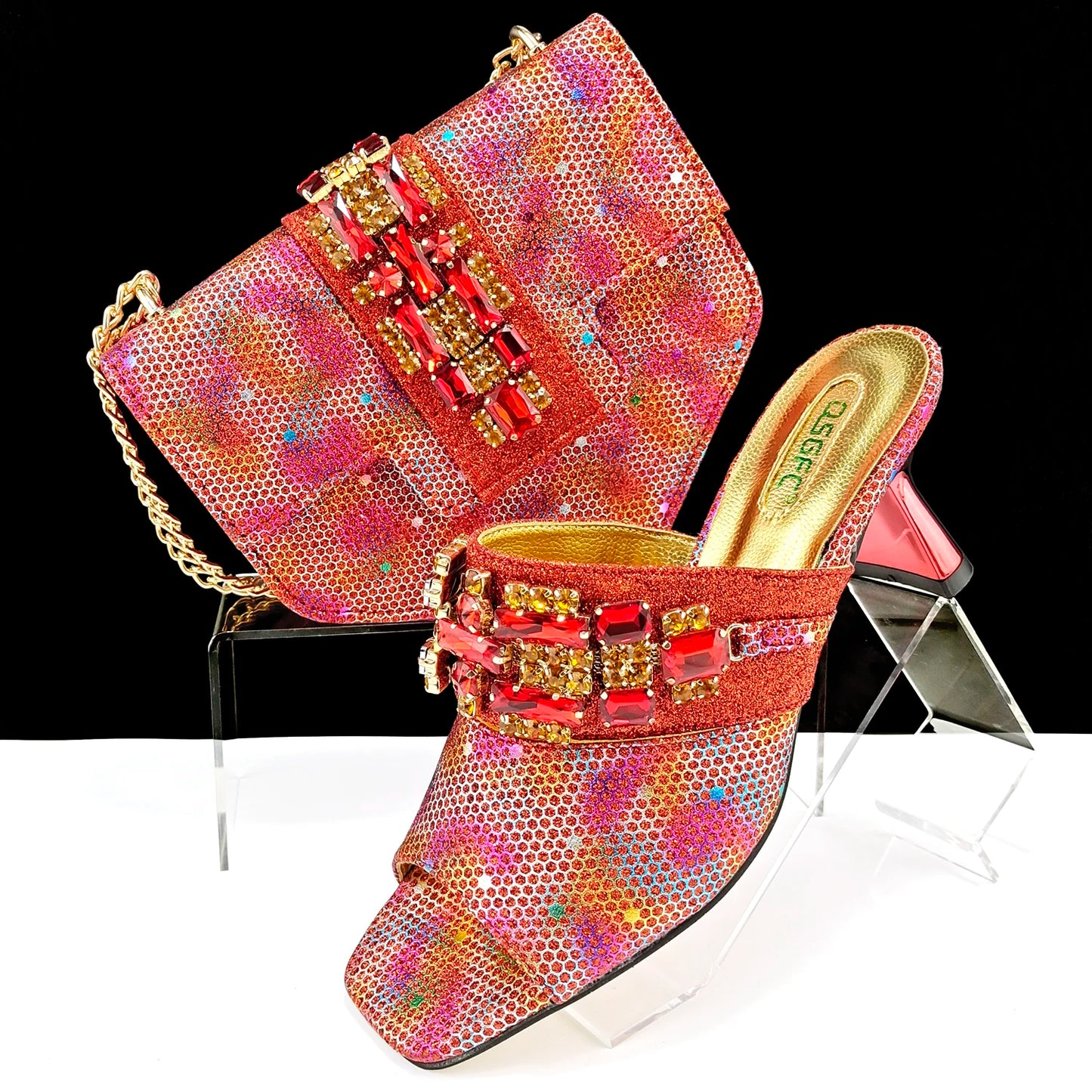 Mature Style Colorful Rhinestone Metal Design Strange High Heel Style Peep Toe Shoes and Bag Set for Party Wedding