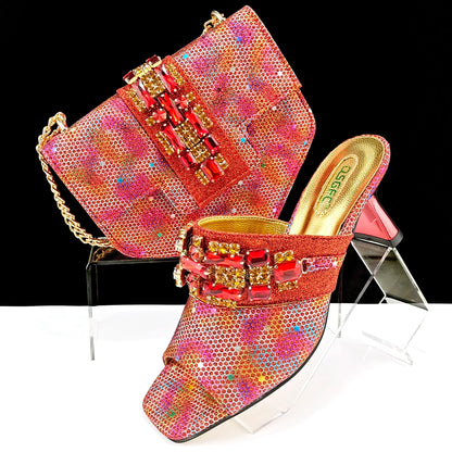 Mature Style Colorful Rhinestone Metal Design Strange High Heel Style Peep Toe Shoes and Bag Set for Party Wedding