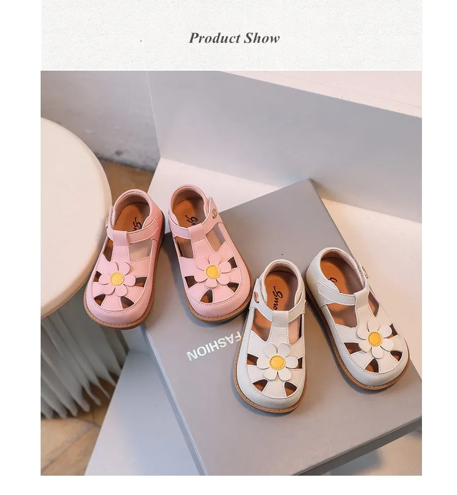 2025 New Summer Kids Sandals For Girls Leather Cuts-out Children Sandals Cute Flower Soft Sole Fashion Toddler Baby Shoes