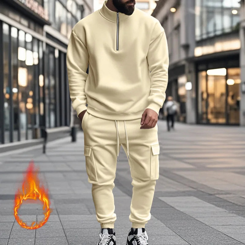 2024 autumn and winter men's casual velvet warm zipper sports trousers set