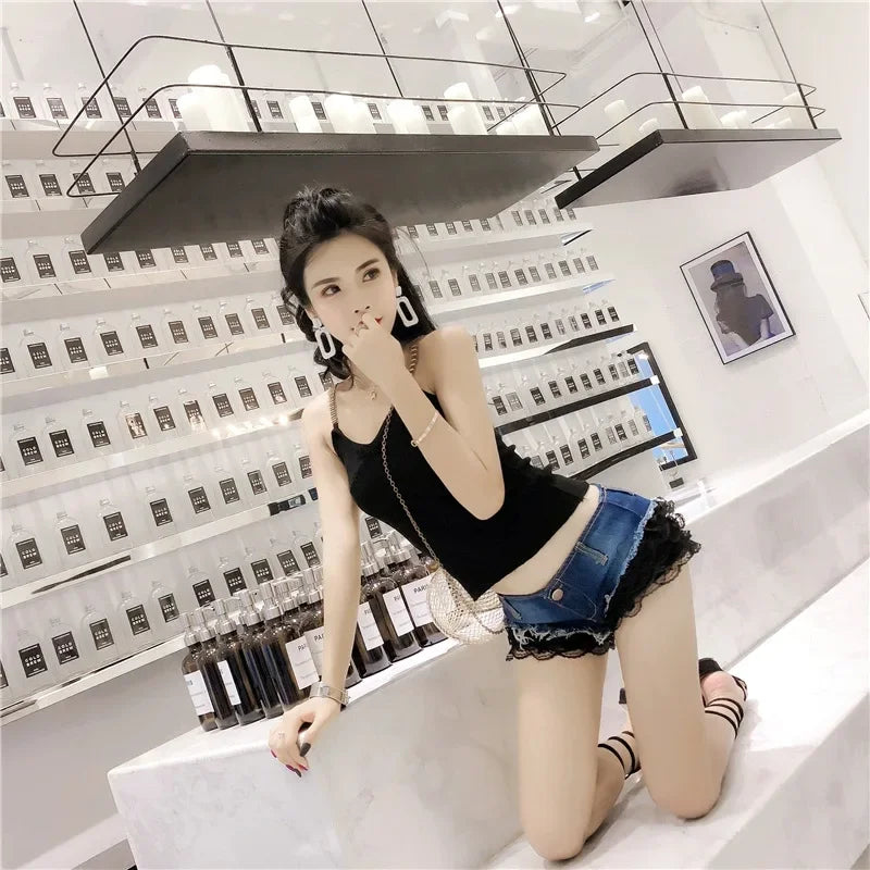 Pure Desire Sweet Spicy Girl Denim Shorts Lace Stitching Super Low Waist Sexy Hot Pants Slimming Women's Versatile Super Shorts