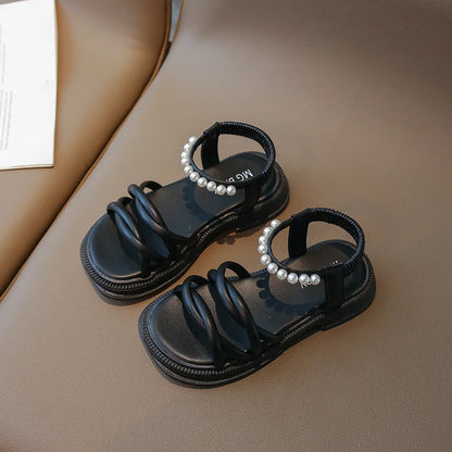 Girl Sandals Summer Children Princess Causal Pearl Beach Shoes Fashion Open-toe Kids Flat Sandals Solid Color Versatile Slip-on