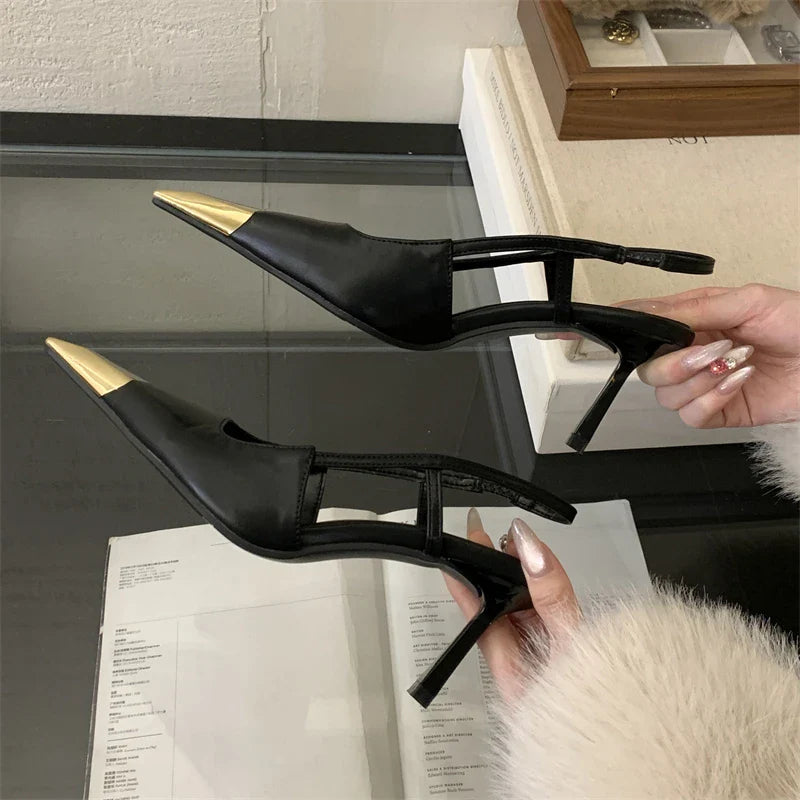 Street Style Sexy Pointed Toe Slingbacks Pumps Women Stripper Sandals High Heels Female Banquet Shoes Brown Kitten Heels