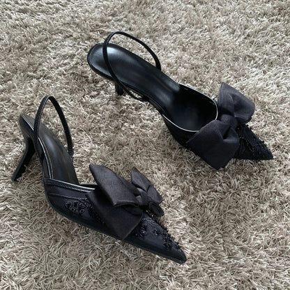 New Designer Thin High Heels Women Bow String Bead Pointed Slingback Mules Pumps Mesh Embroider Elegant Dress Sandals Female