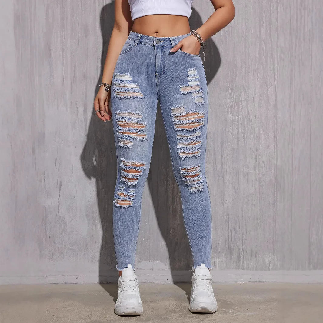 High Waist Skinny Jeans Women - Stretch Ripped Light Blue Denim Pants
